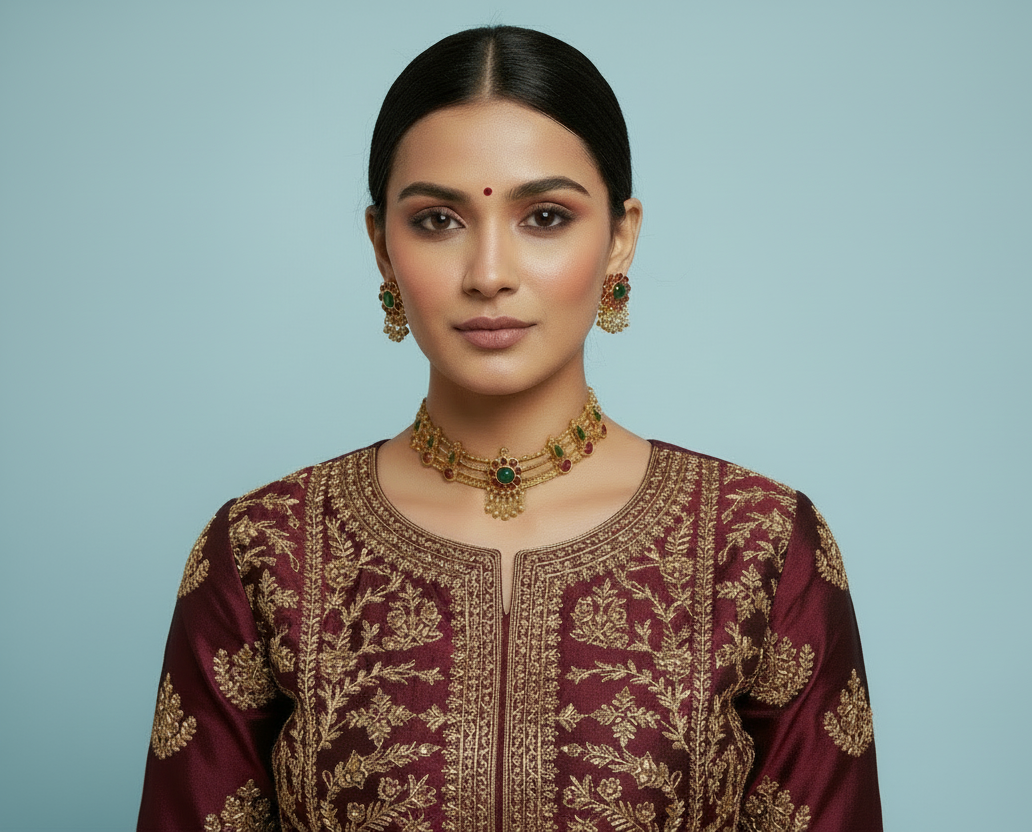 Woman wearing a maroon traditional outfit with gold jewelry on a plain background
