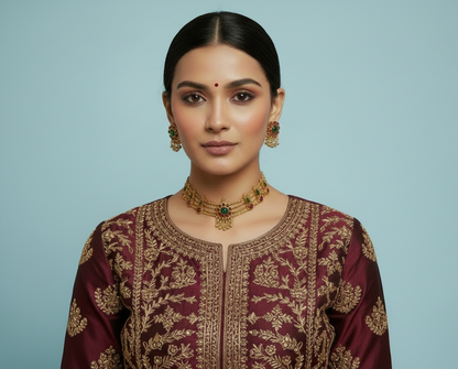 Woman wearing a maroon traditional outfit with gold jewelry on a plain background
