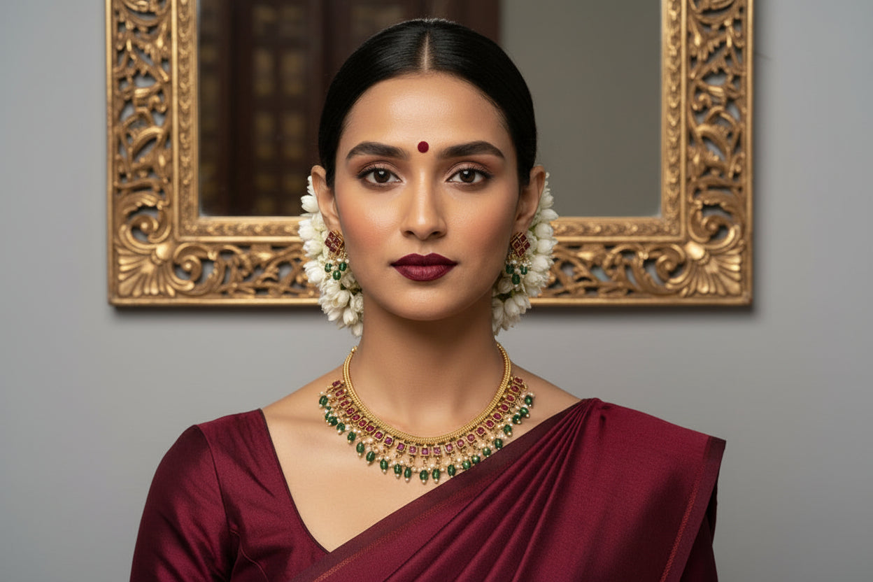 Woman in traditional attire with jewelry in front of an ornate mirror.