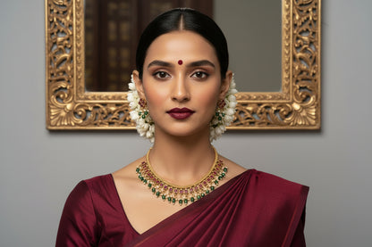 Woman in traditional attire with jewelry in front of an ornate mirror.