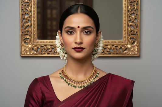Woman in traditional attire with jewelry in front of an ornate mirror.