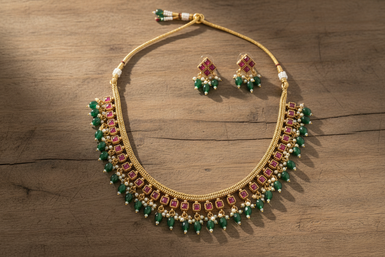 Gold necklace with green and red stones on a wooden surface