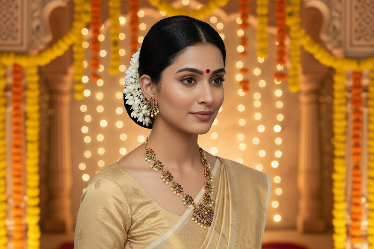 Gold jewelry set with red and green accents on a white background