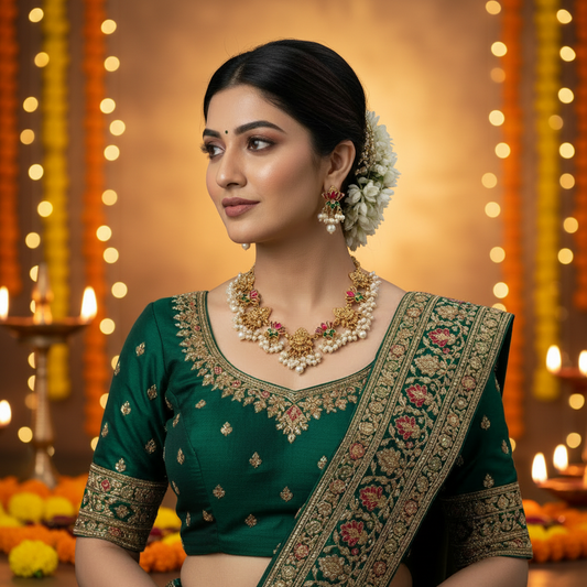 Woman wearing a traditional green saree with gold embroidery and jewelry on a gray background