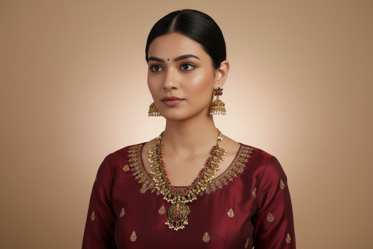 Woman wearing traditional jewelry against a beige background