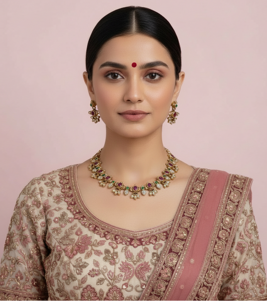 Woman wearing traditional jewelry and attire against a pink background