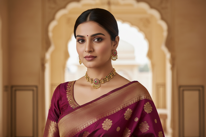 Woman in a traditional maroon saree with gold patterns and jewelry, standing in an archway.