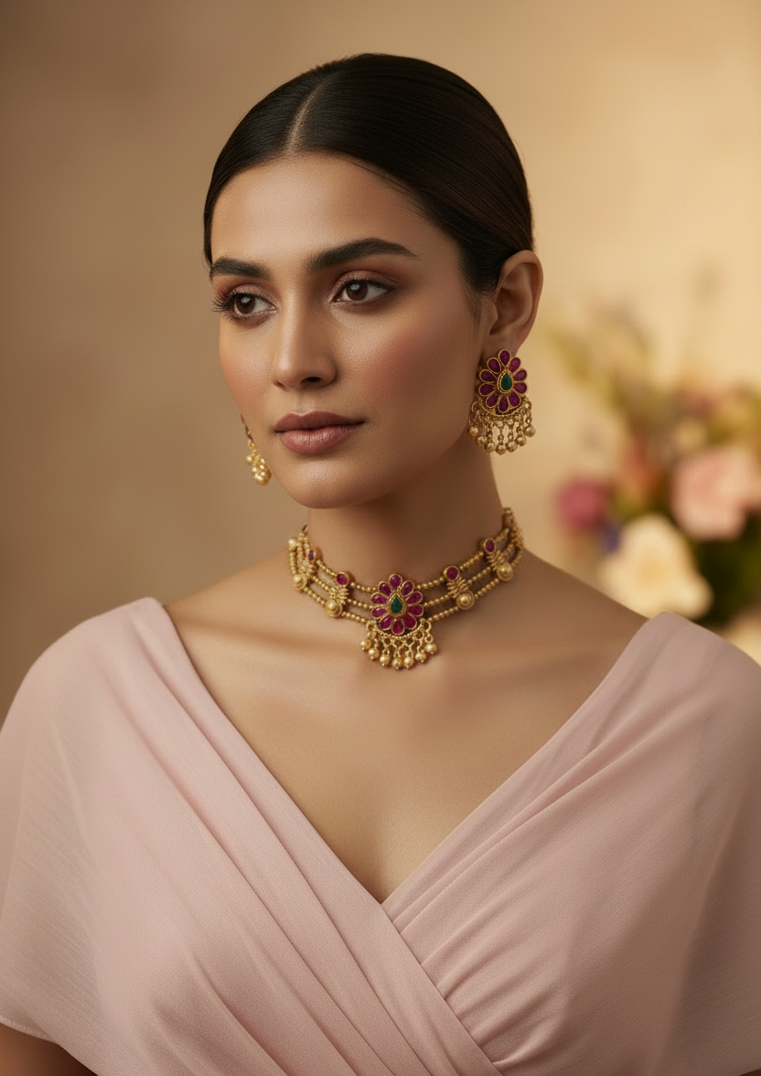 Multicolor Kamala Flower Choker Set