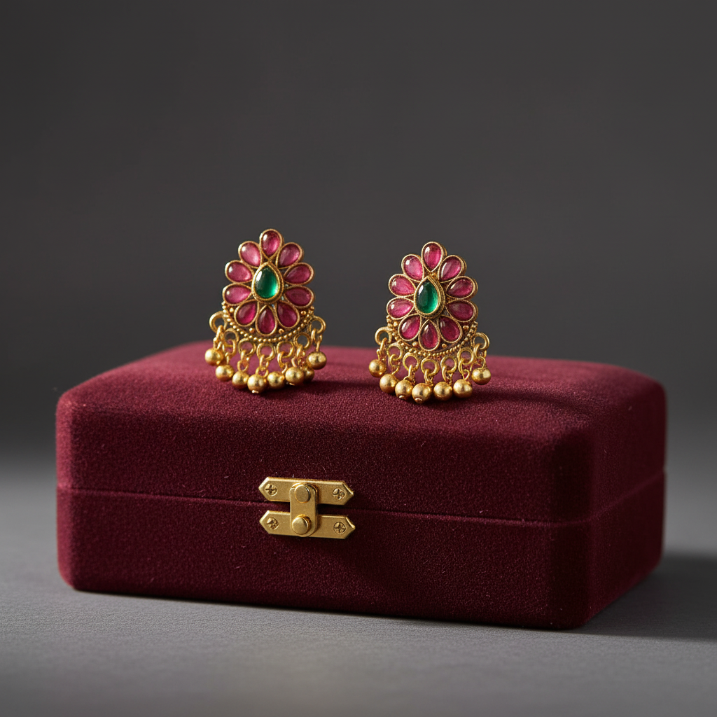 Pair of gold earrings with gemstones on a red jewelry box against a dark background