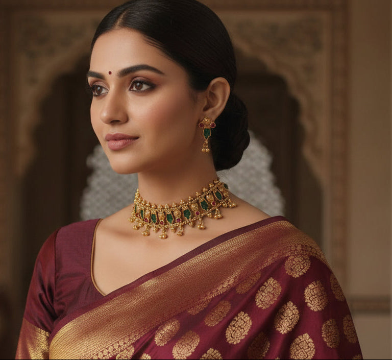 Woman wearing traditional jewelry and a saree with a decorative background