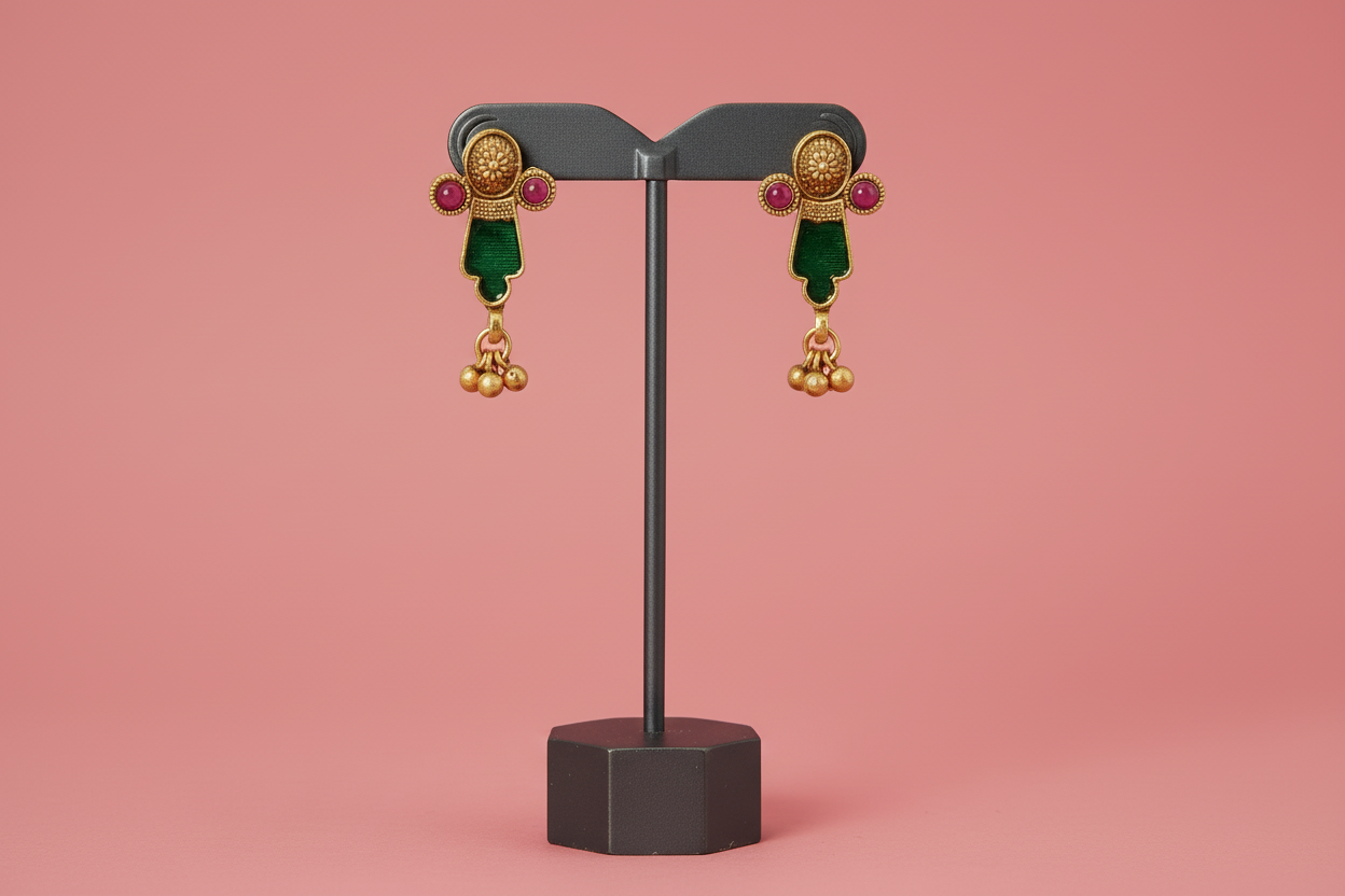 Pair of gold and green earrings on a black stand against a gray background