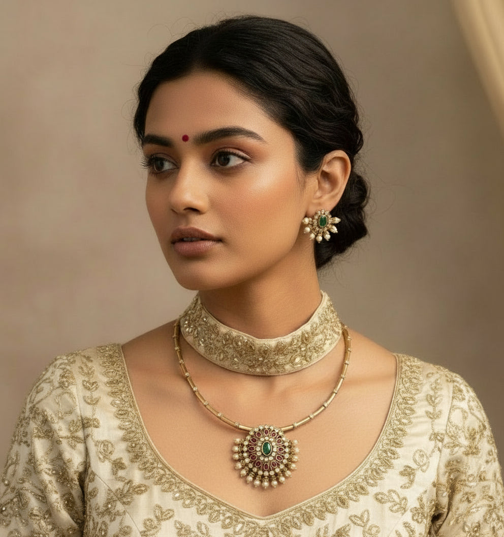 Woman wearing gold jewelry with a neutral background