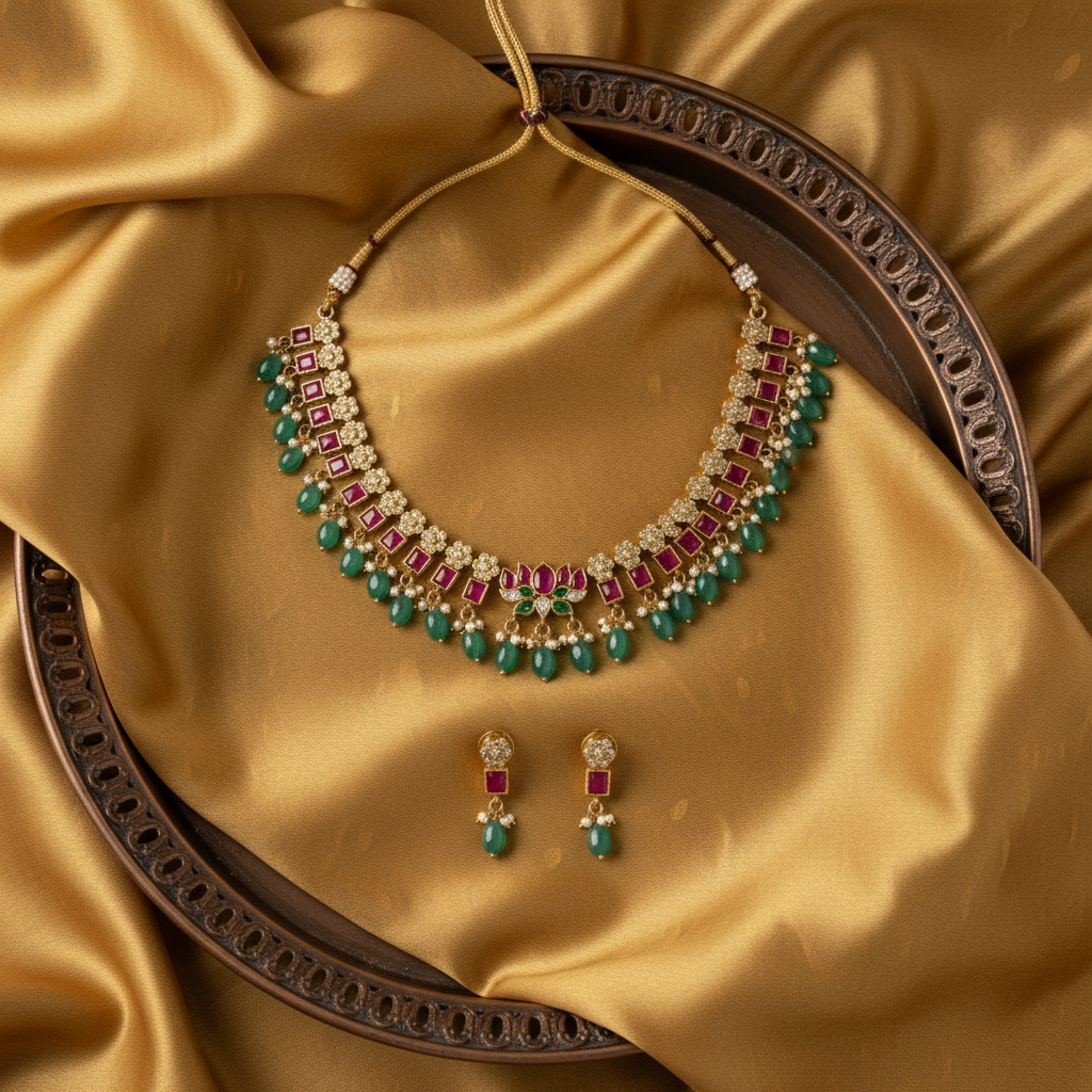 Short Necklace Set | Multicolor Lotus Motif - House of Abiani