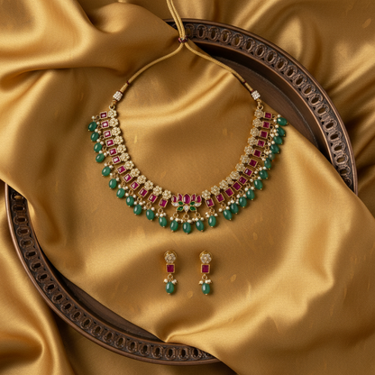 Short Necklace Set | Multicolor Lotus Motif - House of Abiani