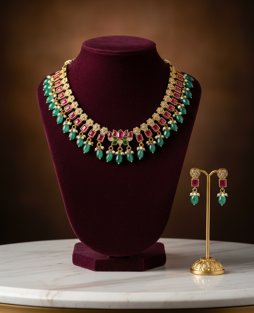 Short Necklace Set | Multicolor Lotus Motif - House of Abiani