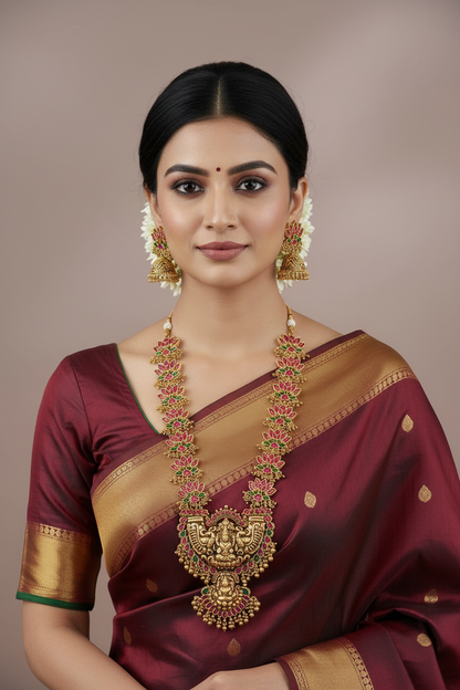 Gold necklace with floral designs and red and green stones on a gray background