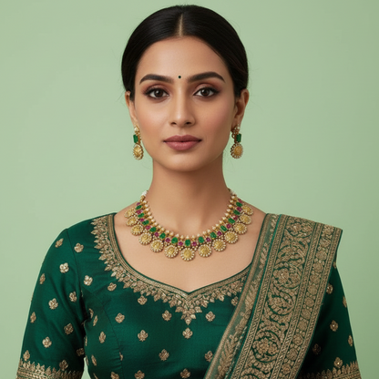 Woman wearing a green saree with gold details and jewelry on a light green background