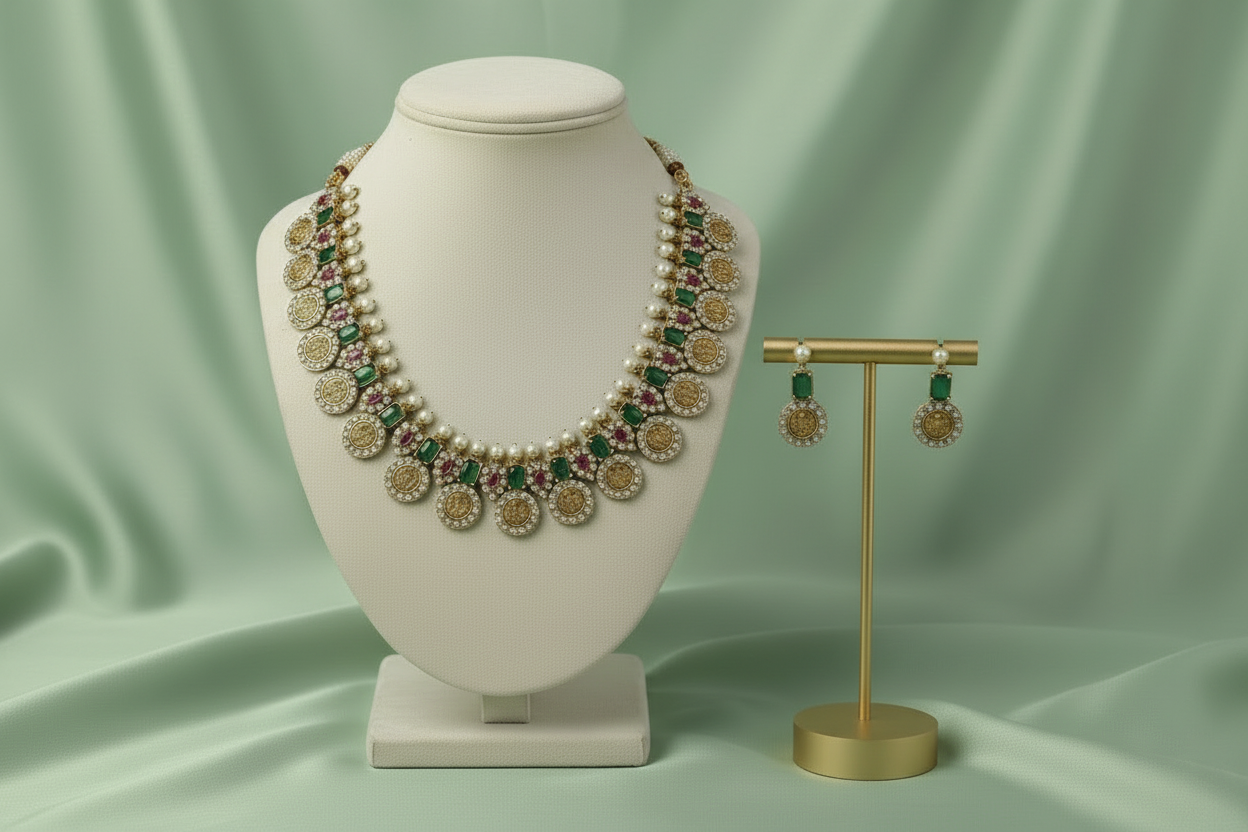 Jewelry set with necklace on a bust and earrings on a stand against a green fabric background