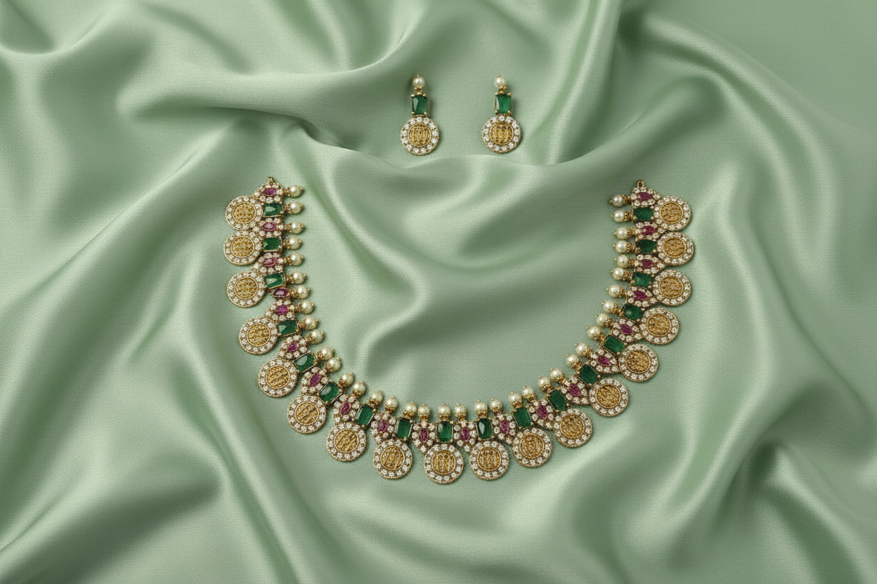Jewelry set with necklace and earrings on a green satin fabric background