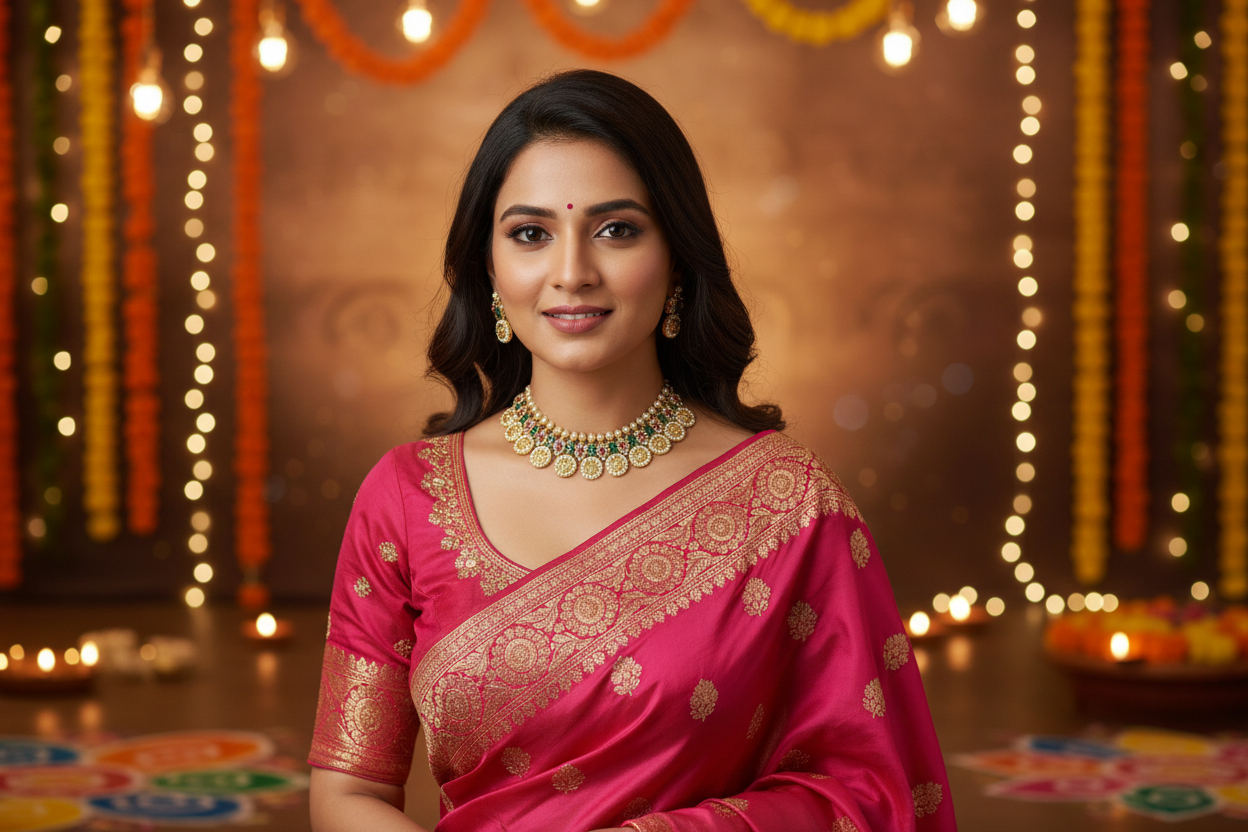 Woman in a pink saree with gold patterns against a festive background with lights and decorations.