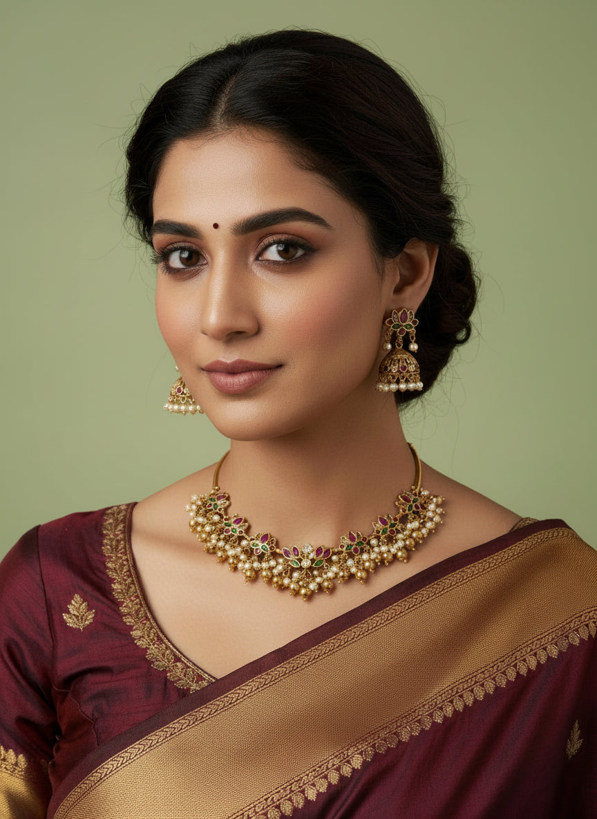 Woman wearing a traditional maroon and gold saree with jewelry against a neutral background