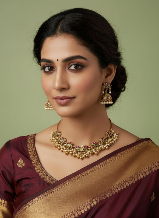 Woman wearing a traditional maroon and gold saree with jewelry against a neutral background