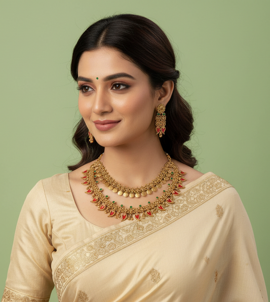 Woman wearing a traditional beige saree with gold embroidery and jewelry on a light green background