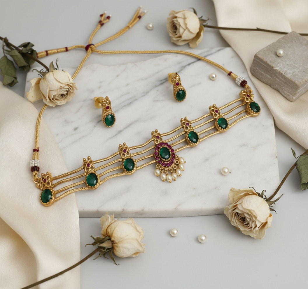 Gold necklace with green gemstones on a white fabric background,