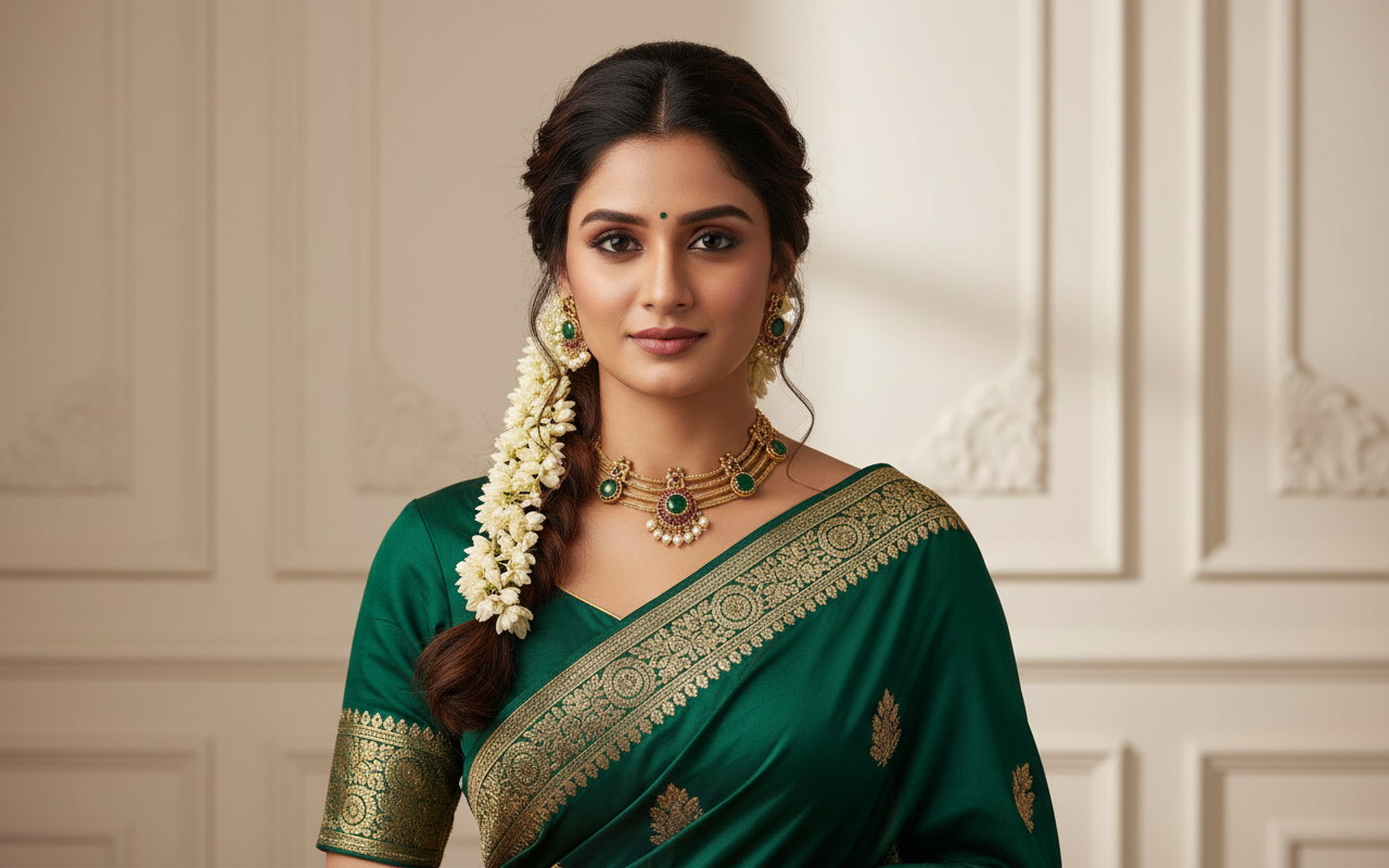 Woman in a green saree with gold border against a beige wall