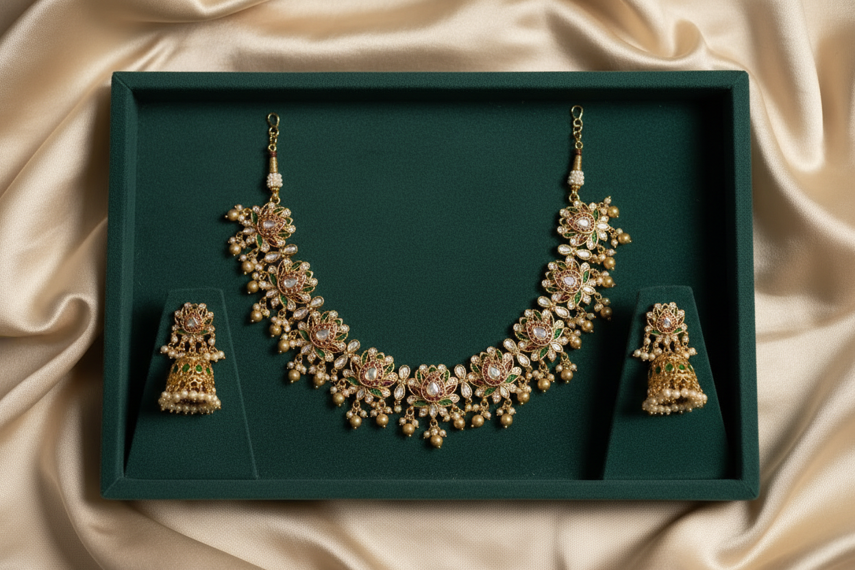 Short Necklace set | Multicolor Lotus Motif - House of Abiani