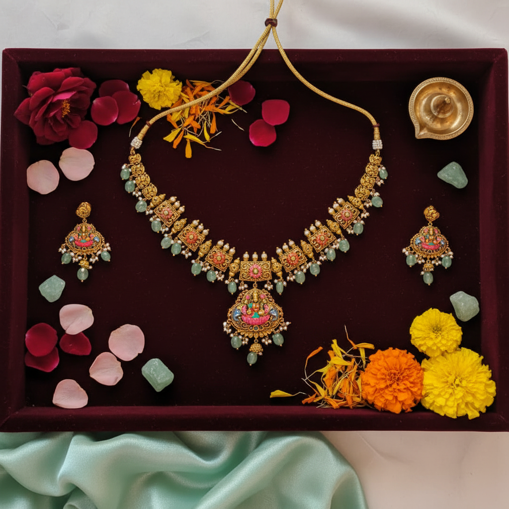 Short Necklace set |  Multicolor Temple Jewellery - House of Abiani
