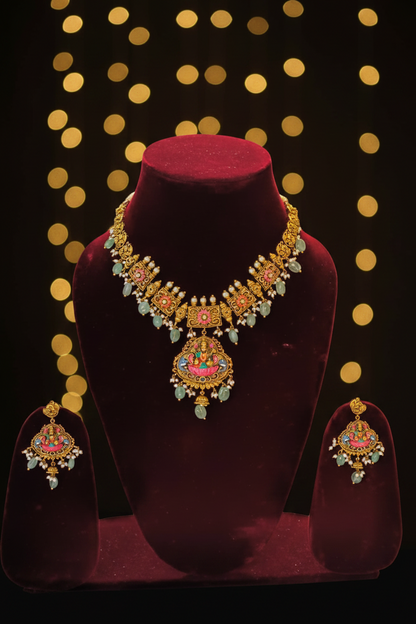 Short Necklace set |  Multicolor Temple Jewellery - House of Abiani