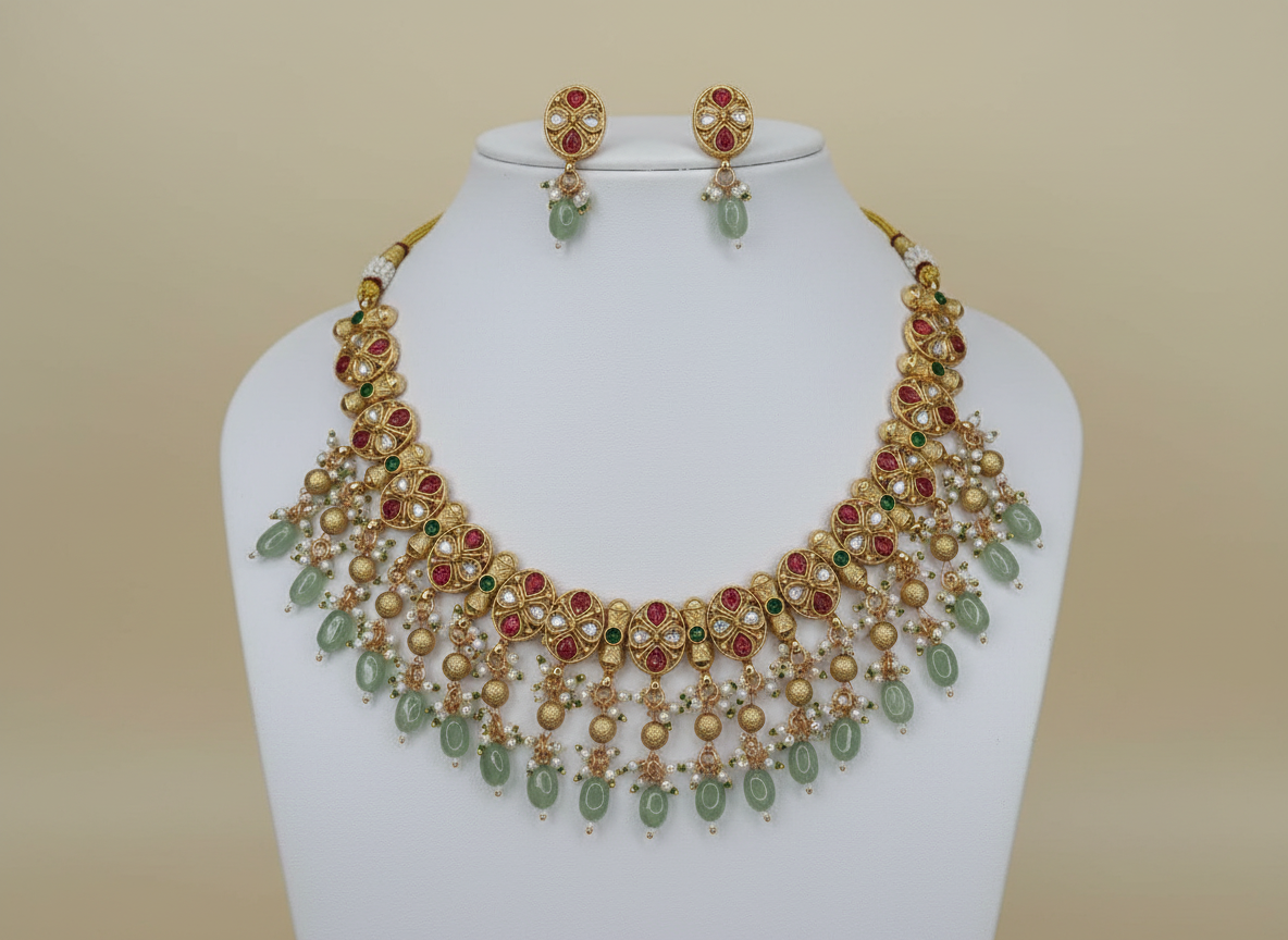 Gold necklace with green and red stones on a mannequin against a cream background