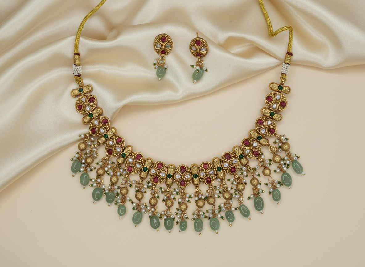 Gold necklace with stones on a beige satin background