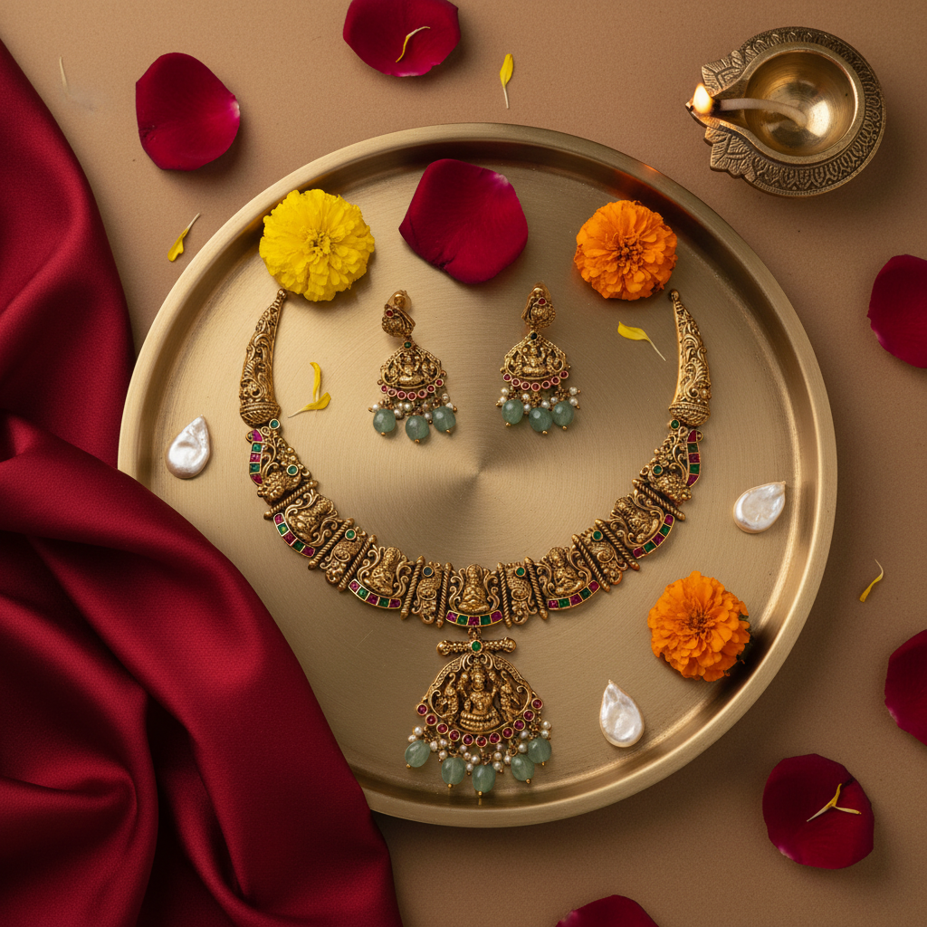 Short Necklace Set | Multicolor Temple Jewellery -  House of Abiani