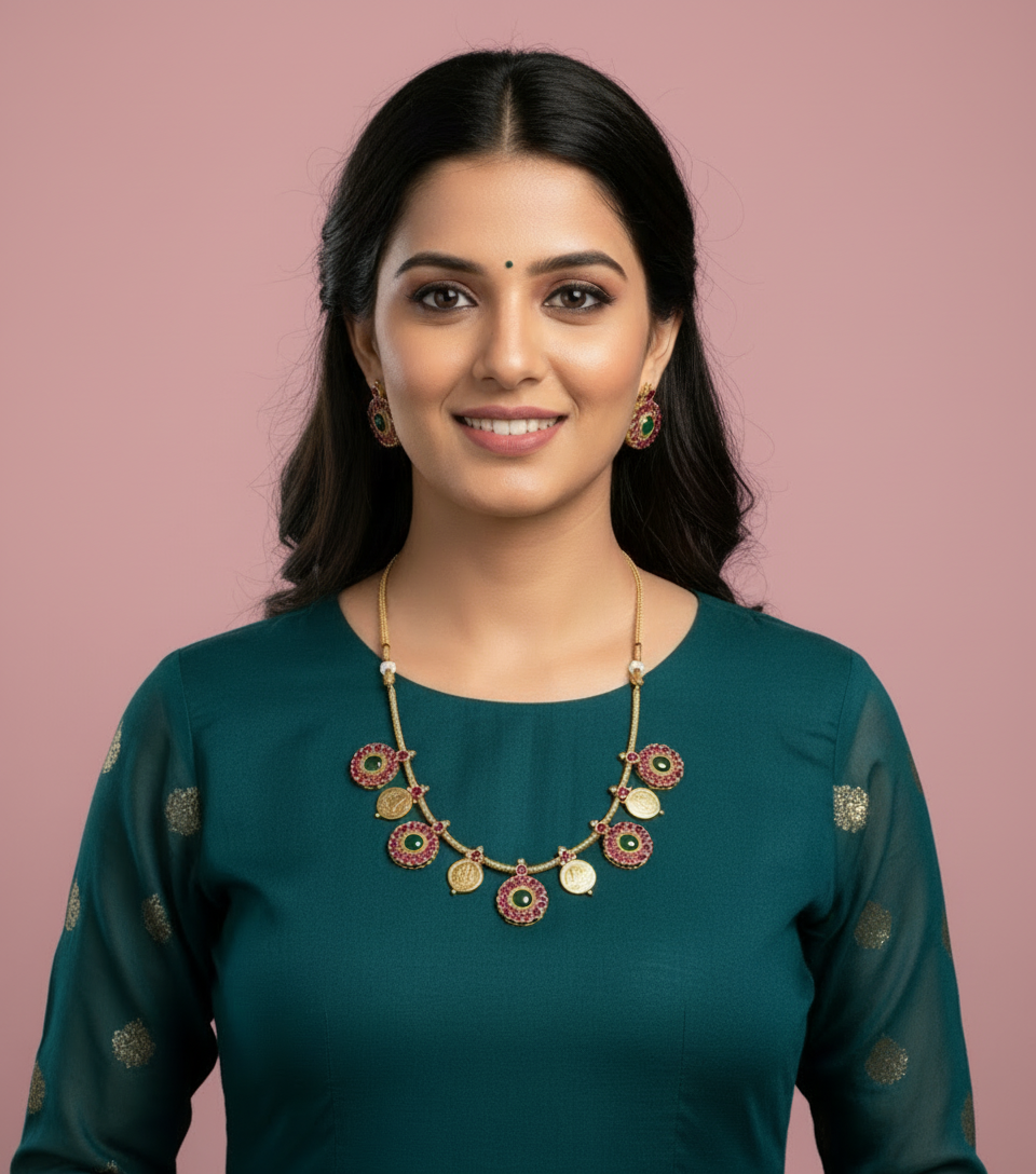 Woman wearing a green traditional outfit with a decorative necklace on a gray background