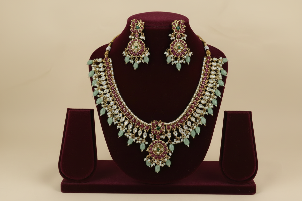 Ornate necklace and earrings set on a dark red stand with a plain background
