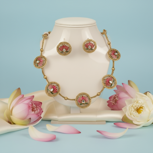 Necklace and earrings with floral designs on a light gray background
