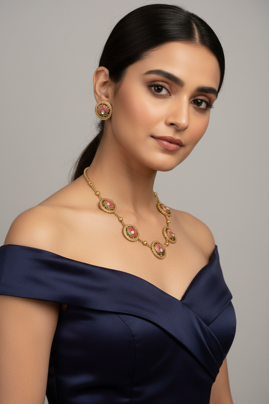 Pink Alya Lotus Necklace Set