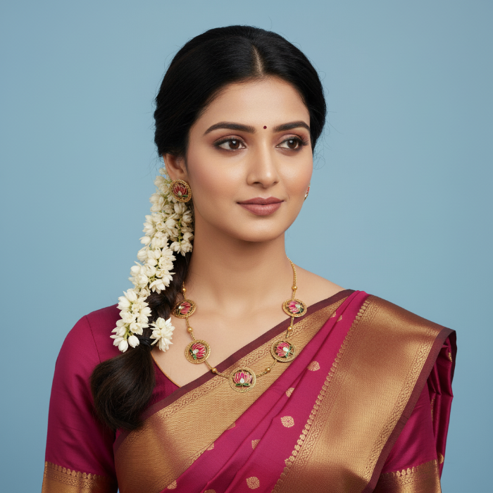 Woman wearing a traditional saree with jewelry and flowers against a blue background