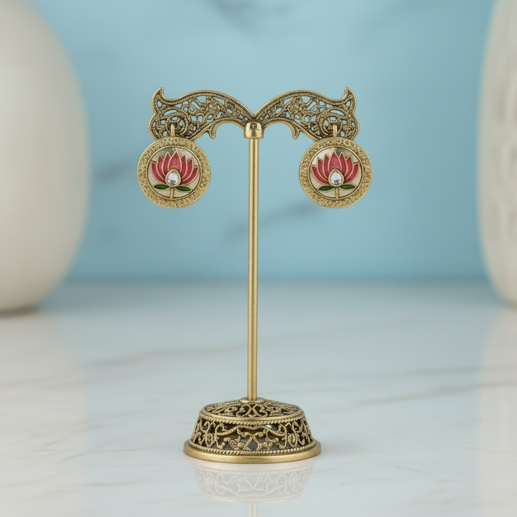 Decorative gold earring stand with floral earrings on a light background