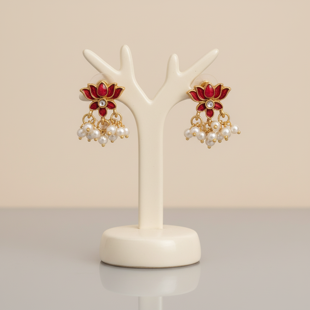 Pair of earrings with floral design and pearl accents on a gray background