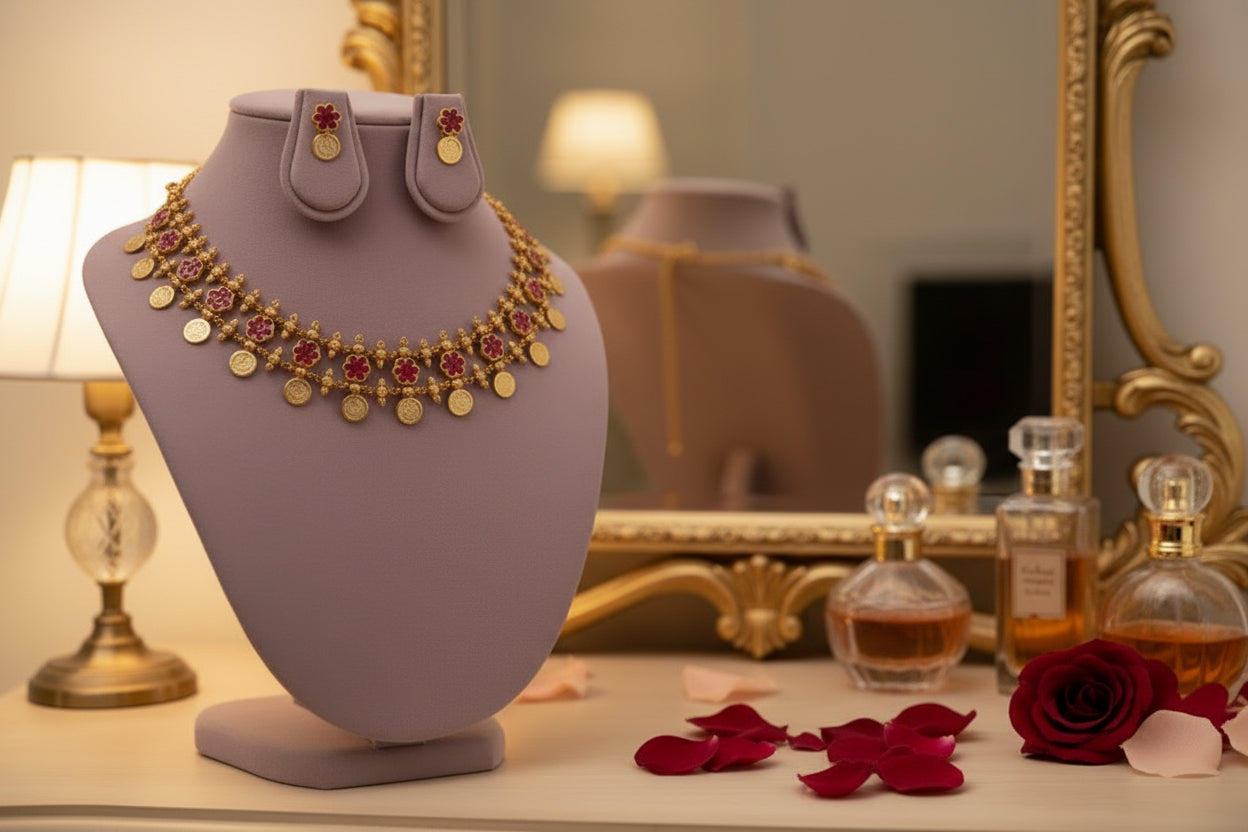 Gold necklace with red stones on a mannequin bust against a gray background