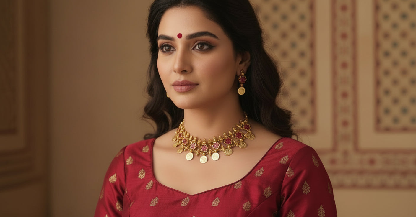 Woman wearing a red traditional outfit with gold jewelry in an indoor setting