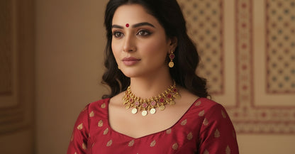 Woman wearing a red traditional outfit with gold jewelry in an indoor setting