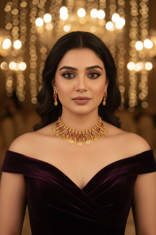 Pink Lakshmi Layered Coin Choker Set