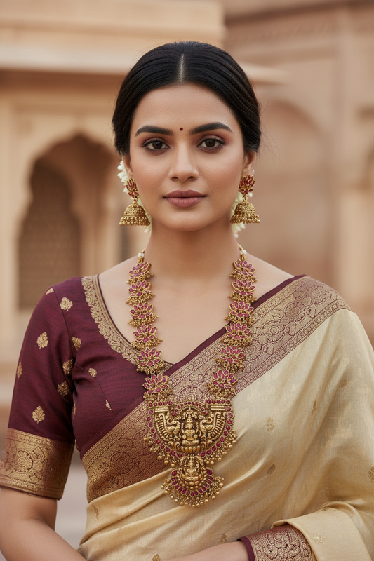 Woman wearing traditional jewelry and a saree in an architectural setting