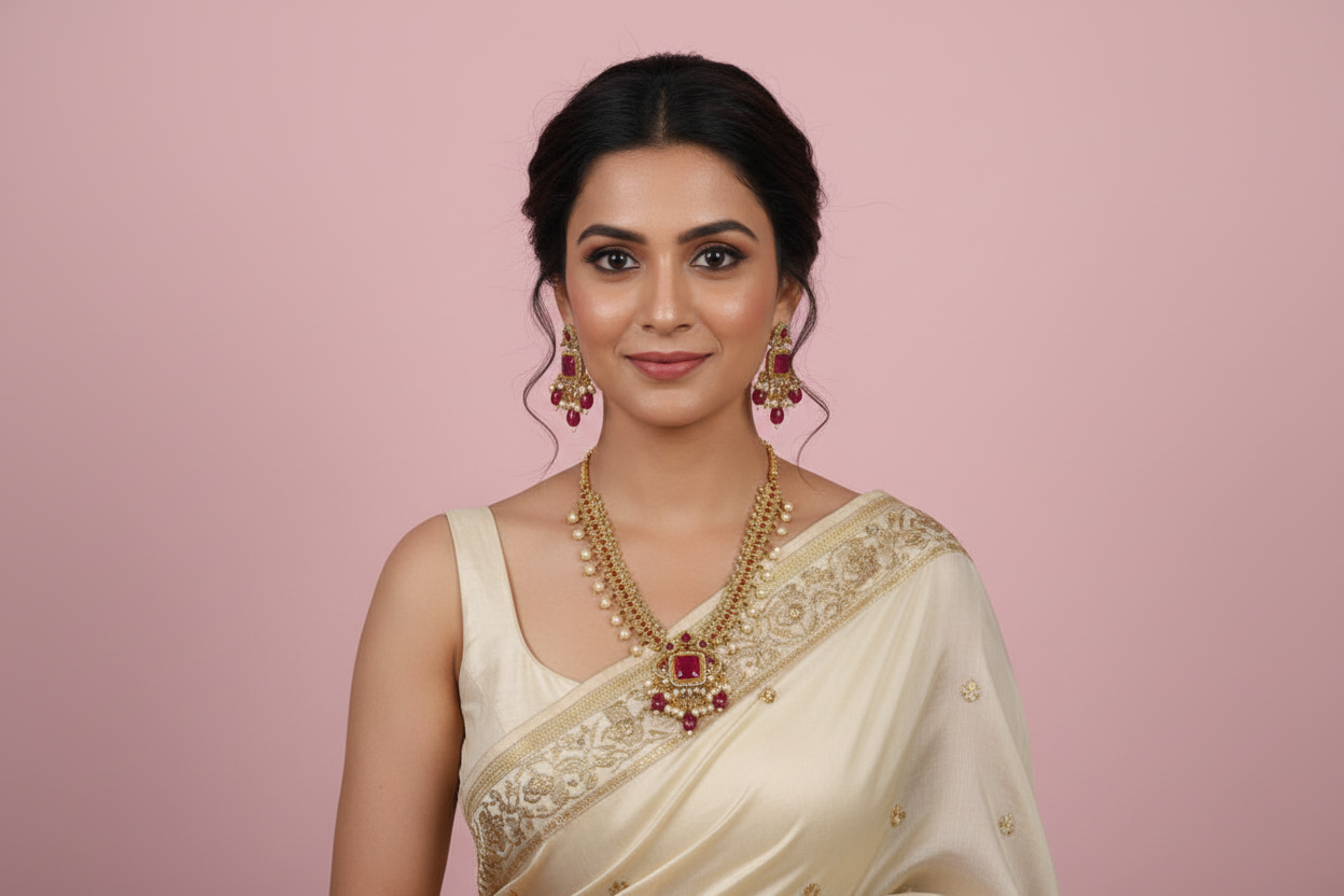 Woman in a traditional saree with jewelry against a pink background