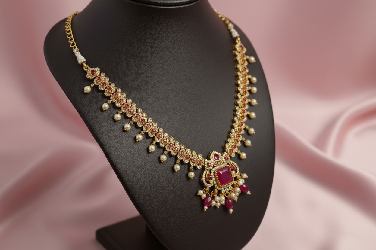 Pink Mahalakshmi Jadau Necklace Set