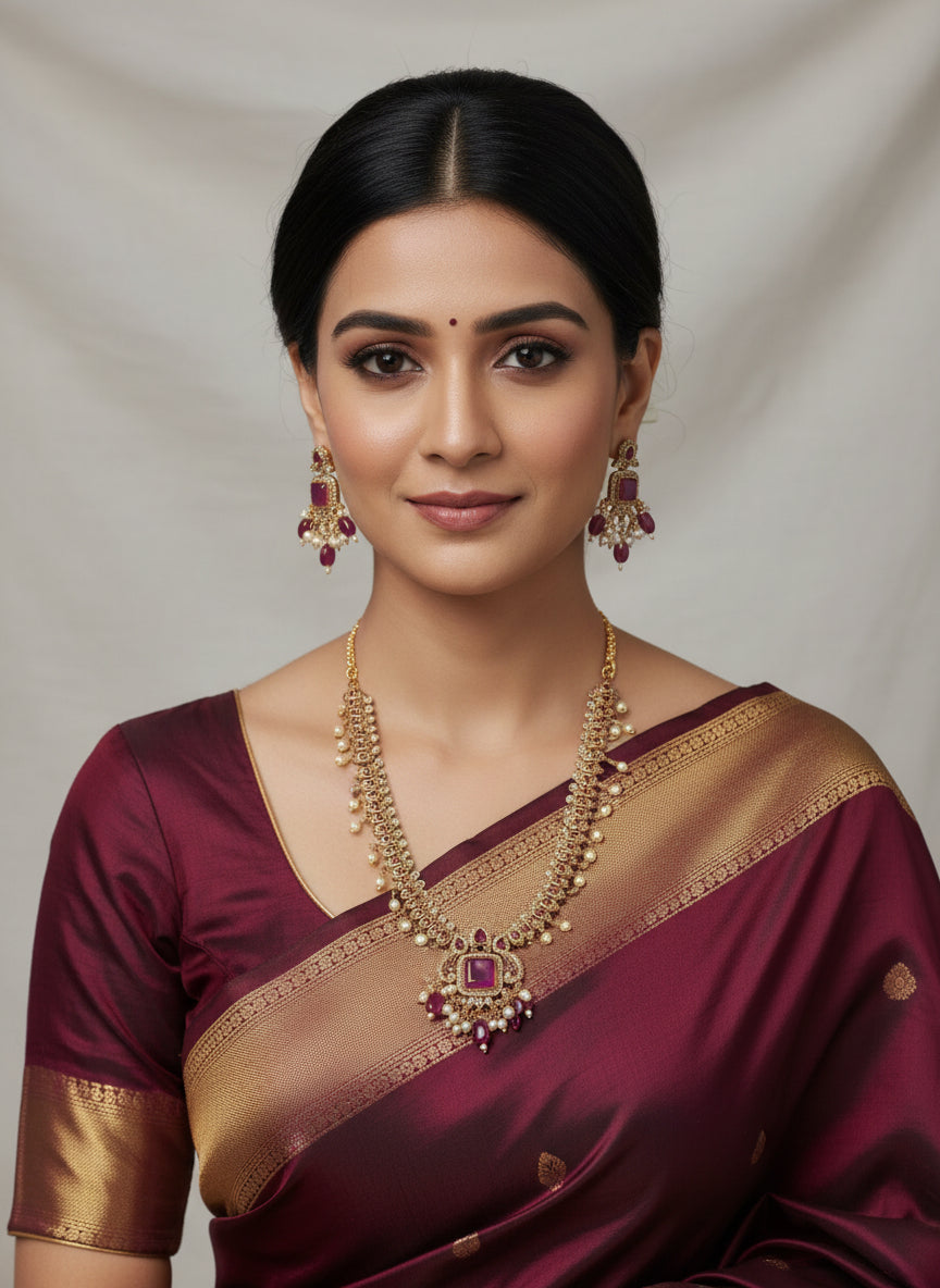 Necklace and earrings set with pink stones on a white background